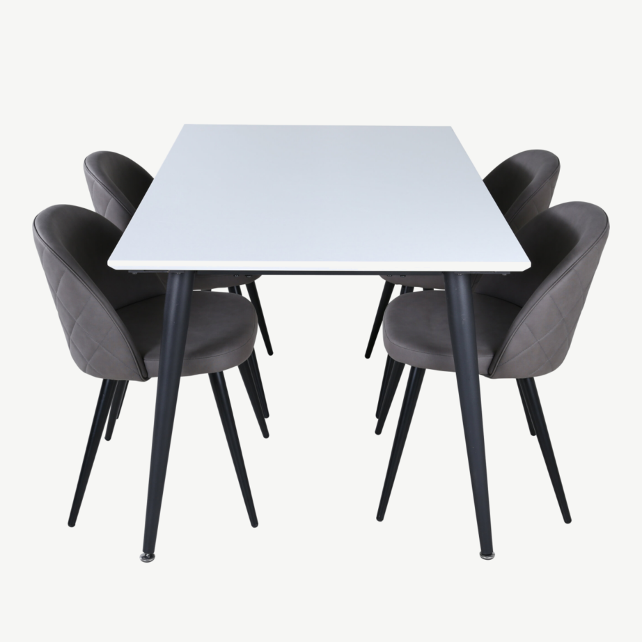 Pikendatav söögilauakomplekt Jimmy (valge HPL, mustad jalad, 4 halli mikrofiiber tooli), GR22314 – 2