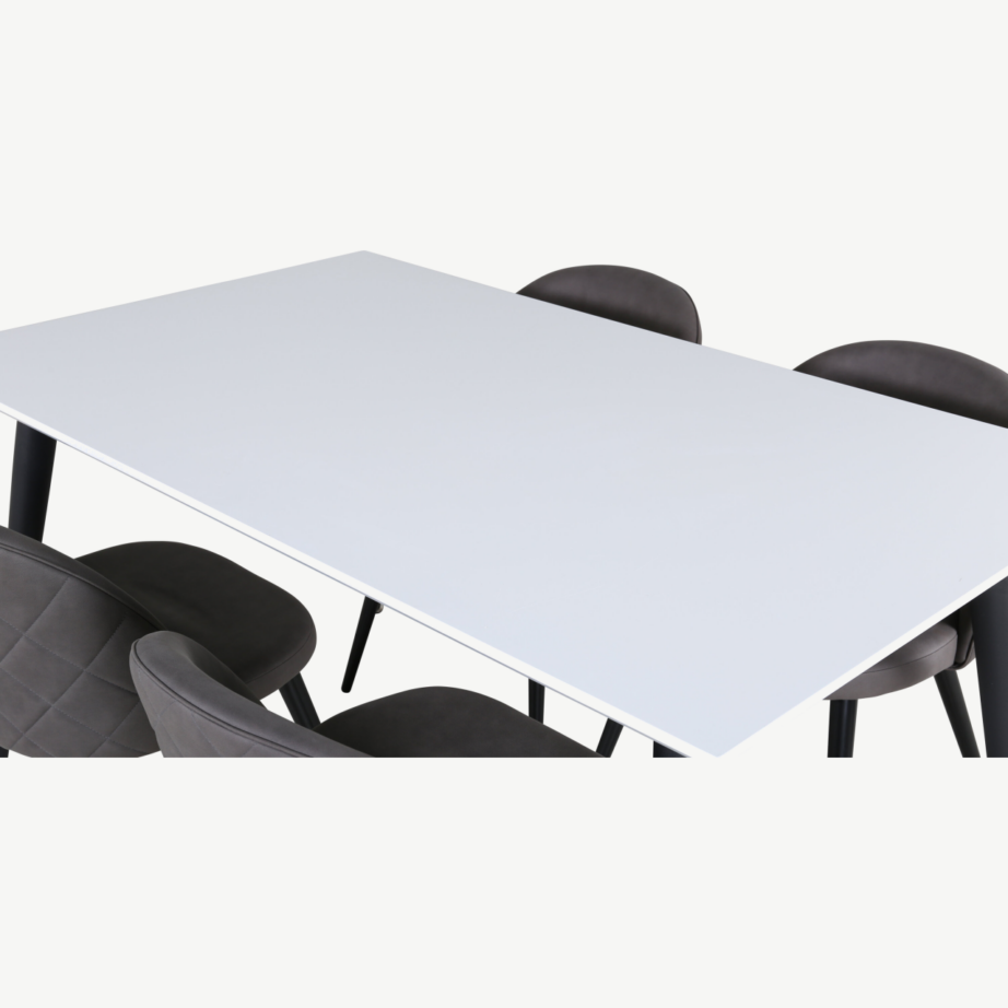 Pikendatav söögilauakomplekt Jimmy (valge HPL, mustad jalad, 4 halli mikrofiiber tooli), GR22314 – 3