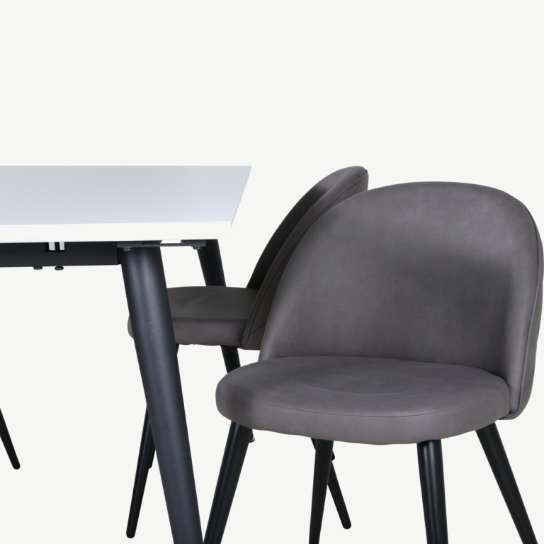 Pikendatav söögilauakomplekt Jimmy (valge HPL, mustad jalad, 4 halli mikrofiiber tooli) - GR22314