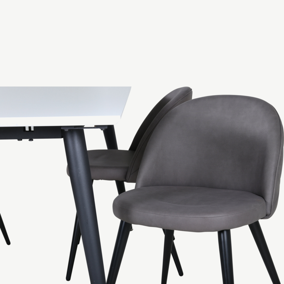 Pikendatav söögilauakomplekt Jimmy (valge HPL, mustad jalad, 4 halli mikrofiiber tooli), GR22314 – 4