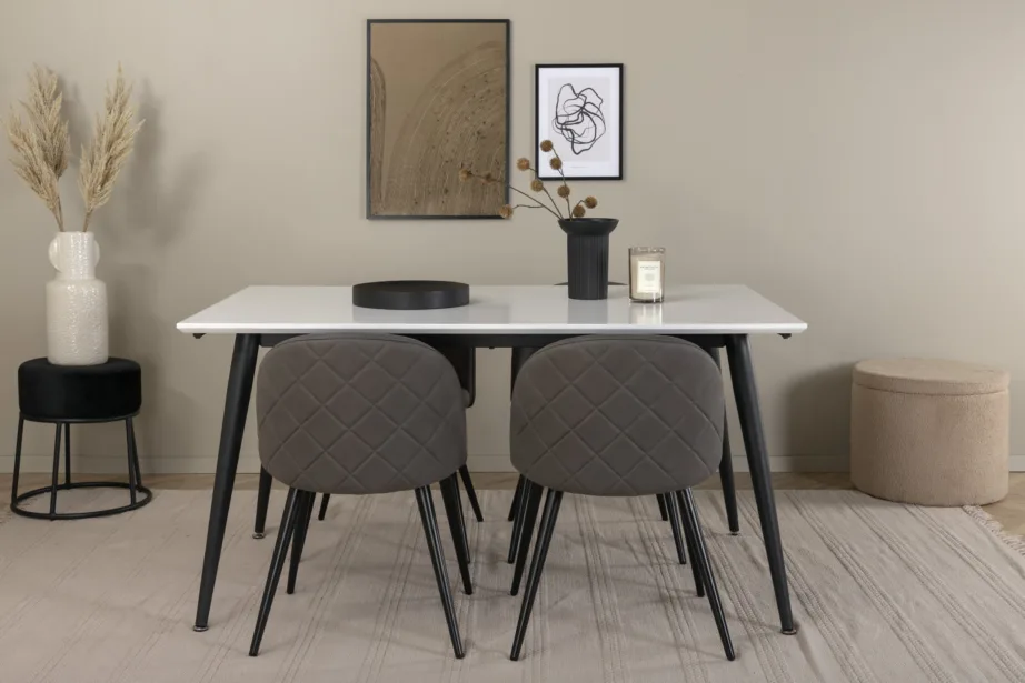 Pikendatav söögilauakomplekt Jimmy (valge HPL, mustad jalad, 4 halli mikrofiiber tooli), GR22314 – 5