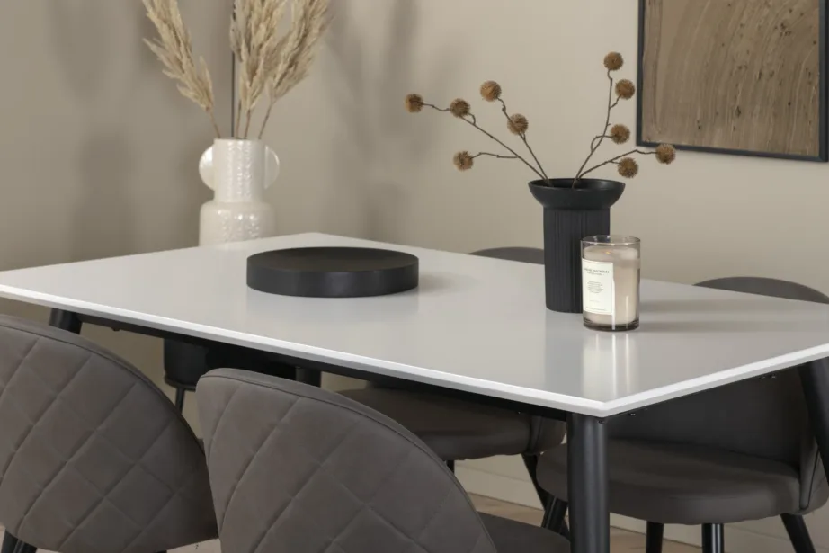 Pikendatav söögilauakomplekt Jimmy (valge HPL, mustad jalad, 4 halli mikrofiiber tooli), GR22314 – 7