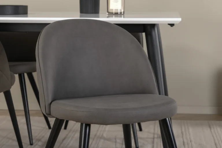 Pikendatav söögilauakomplekt Jimmy (valge HPL, mustad jalad, 4 halli mikrofiiber tooli) - GR22314