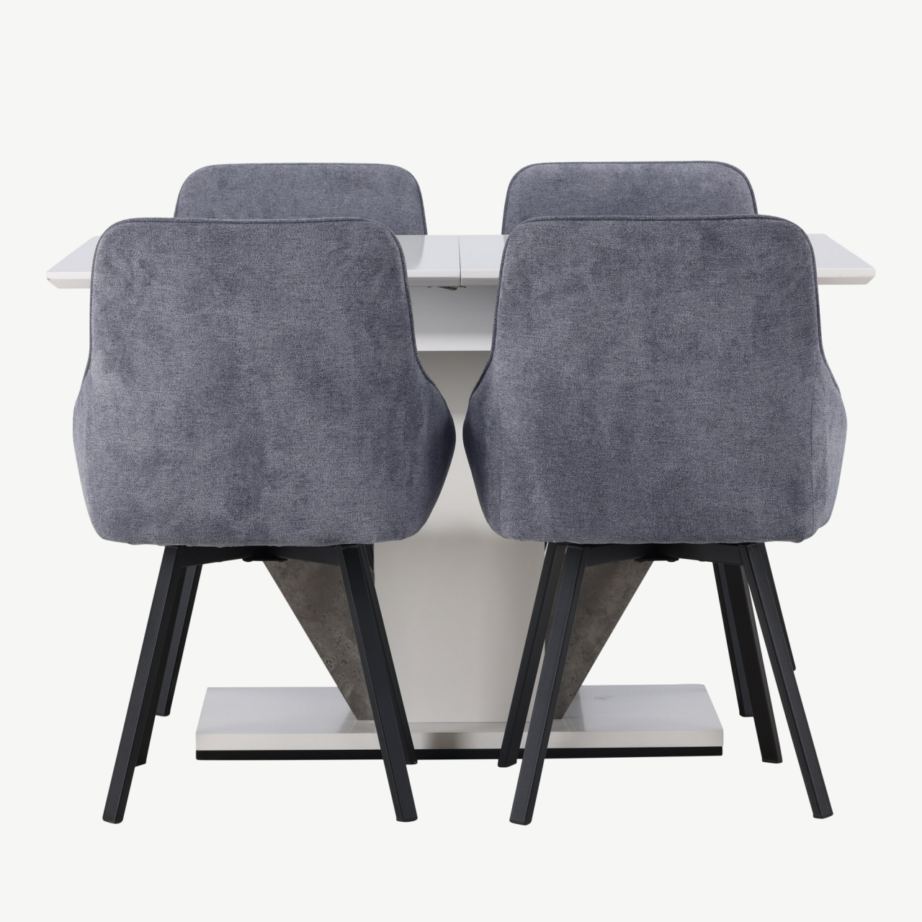 Pikendatav söögilaud Disa ja hallid polsterdatud toolid Rosie (4 tk), valge/hall MDF, musta terasraamiga, GR23595 – 2