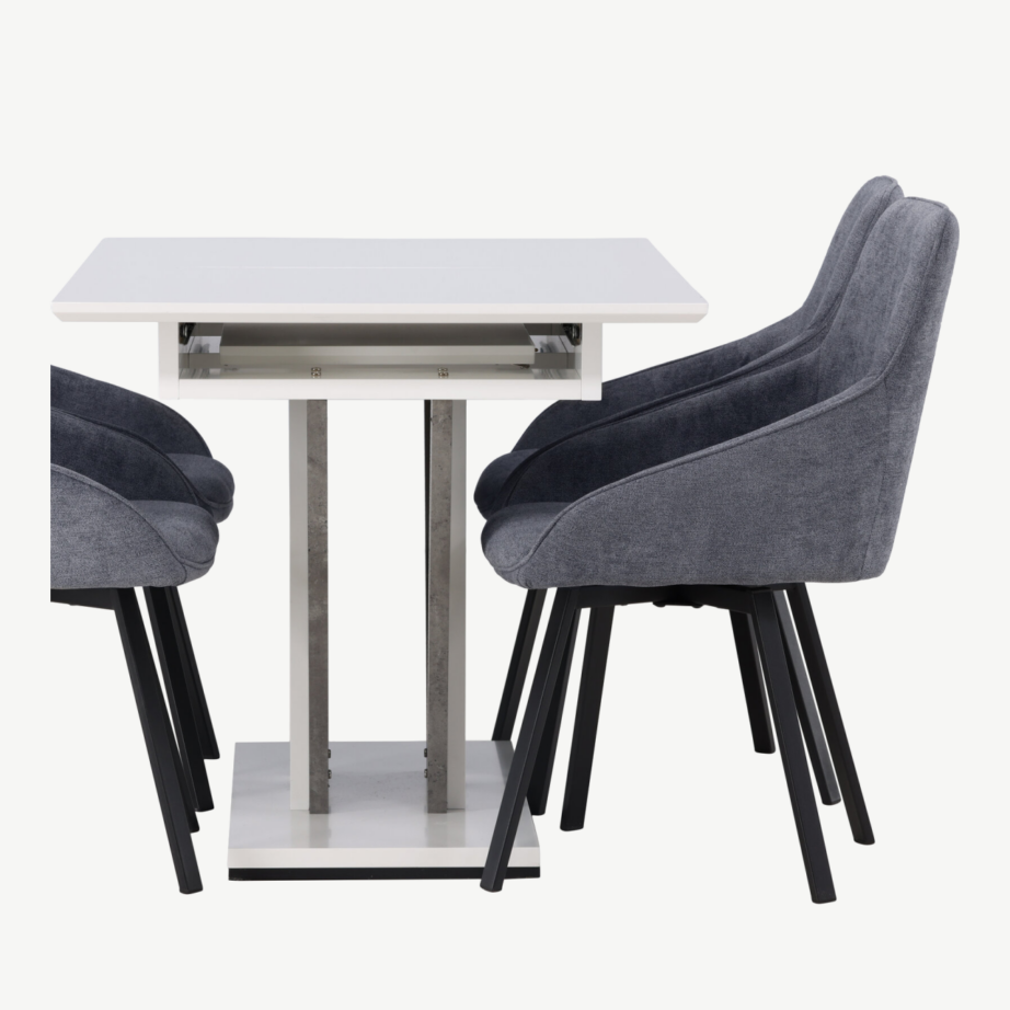 Pikendatav söögilaud Disa ja hallid polsterdatud toolid Rosie (4 tk), valge/hall MDF, musta terasraamiga, GR23595 – 3