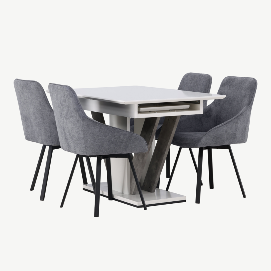 Pikendatav söögilaud Disa ja hallid polsterdatud toolid Rosie (4 tk), valge/hall MDF, musta terasraamiga, GR23595 – 4