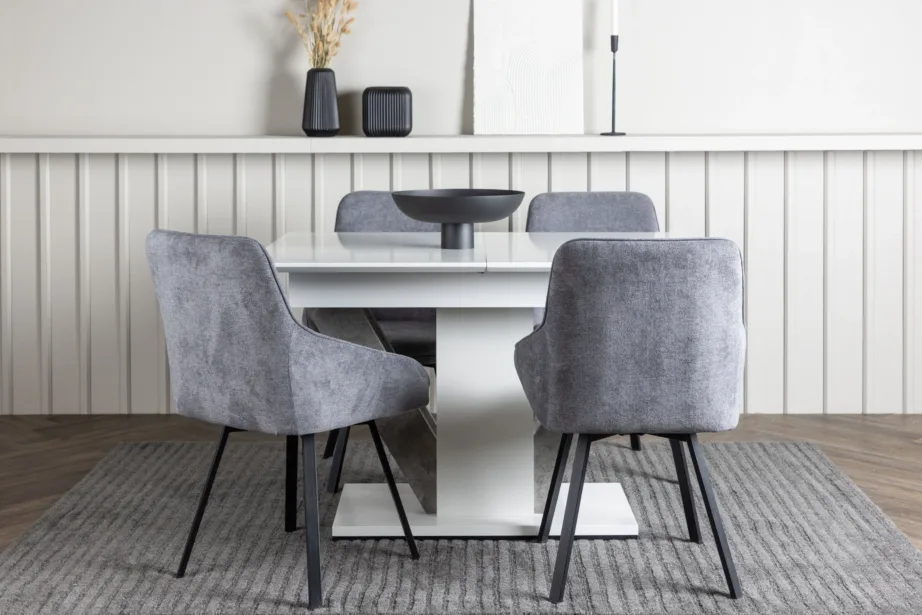 Pikendatav söögilaud Disa ja hallid polsterdatud toolid Rosie (4 tk), valge/hall MDF, musta terasraamiga, GR23595 – 5
