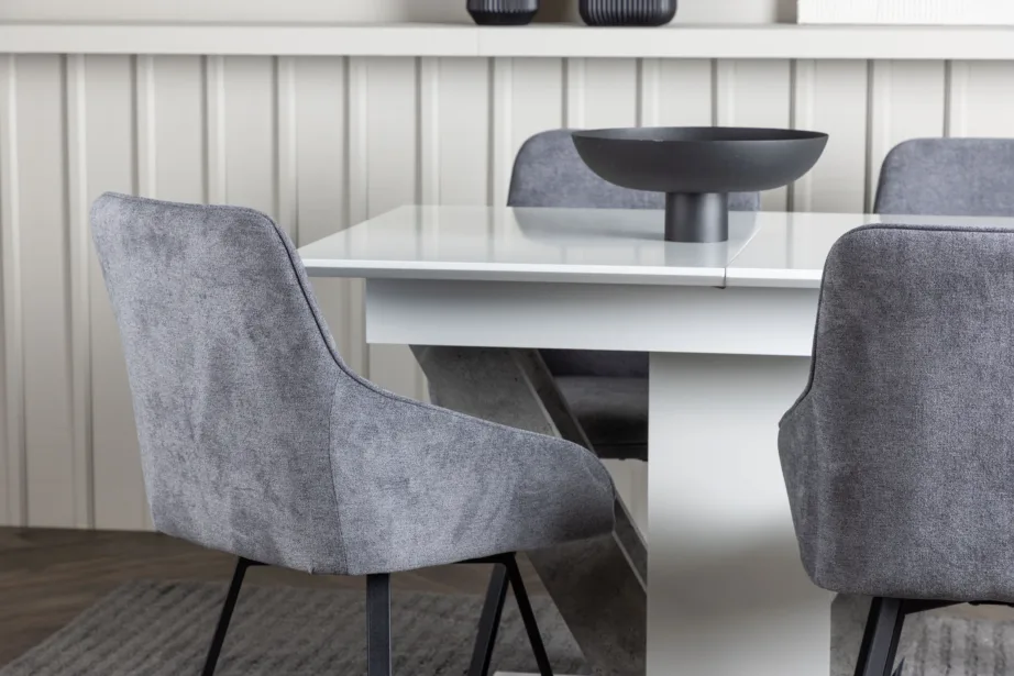 Pikendatav söögilaud Disa ja hallid polsterdatud toolid Rosie (4 tk), valge/hall MDF, musta terasraamiga, GR23595 – 6