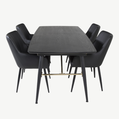 Pikendatav söögilaud Gold mustast vineerist, messingdetailidega ja Comfort toolid (must kunstnahk) - GR23965