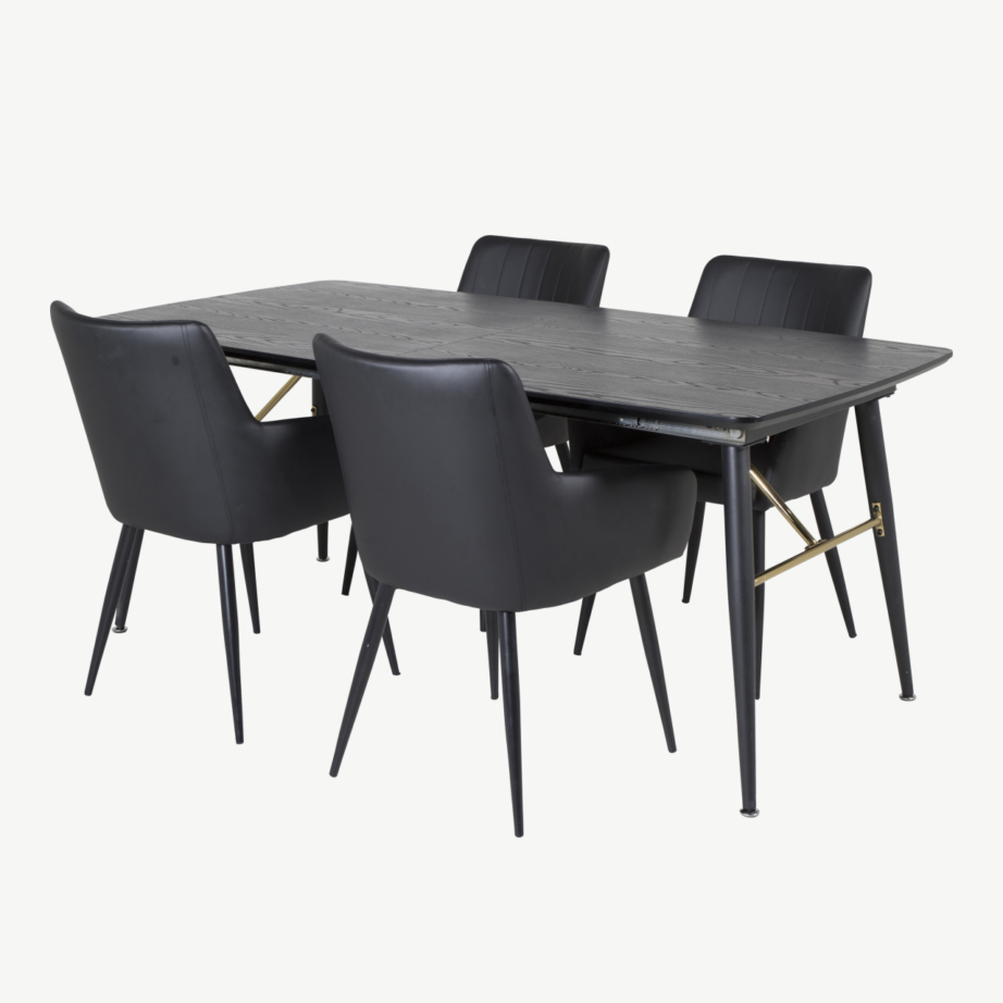 Pikendatav söögilaud Gold mustast vineerist, messingdetailidega ja Comfort toolid (must kunstnahk), GR23965 – 2