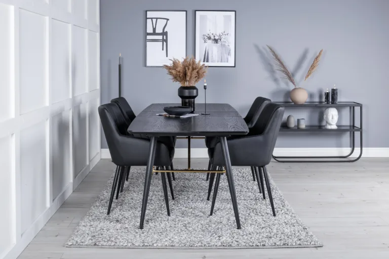 Pikendatav söögilaud Gold mustast vineerist, messingdetailidega ja Comfort toolid (must kunstnahk) - GR23965