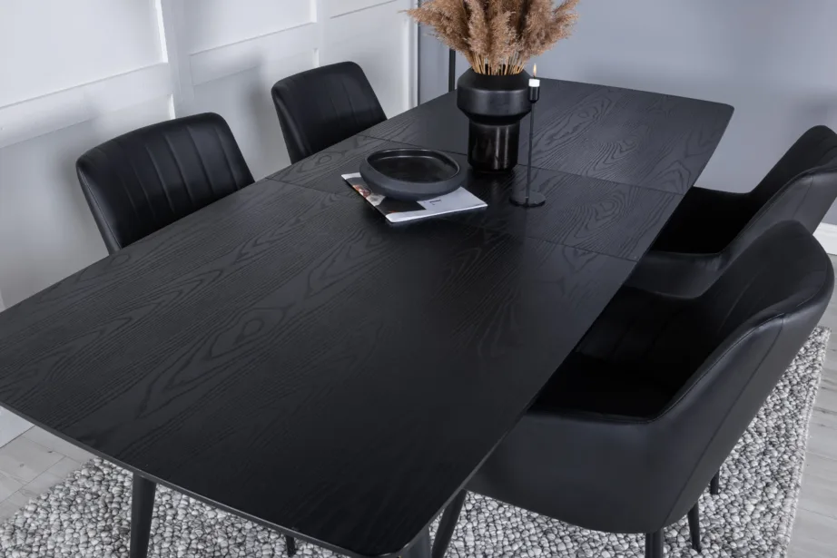 Pikendatav söögilaud Gold mustast vineerist, messingdetailidega ja Comfort toolid (must kunstnahk), GR23965 – 6