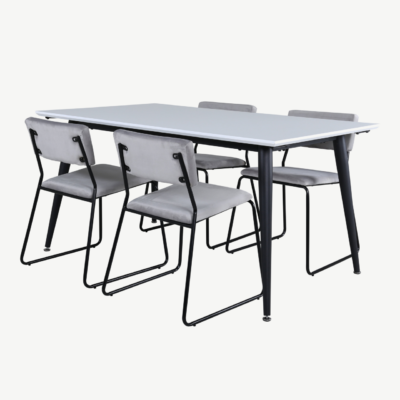 Pikendatav söögilaud Jimmy ja 4 halli sametist tooli (valge/must) - GR22310