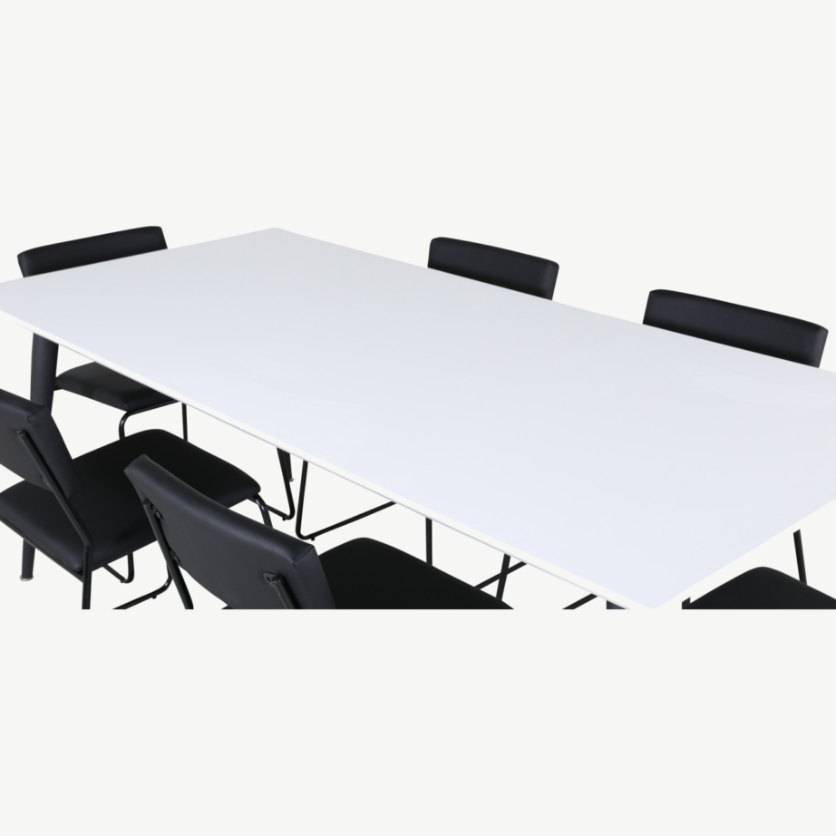 Pikendatav söögilaud Jimmy valge HPL-plaadiga ja 6 musta Kenth kunstnahast tooli, GR22295 – 3