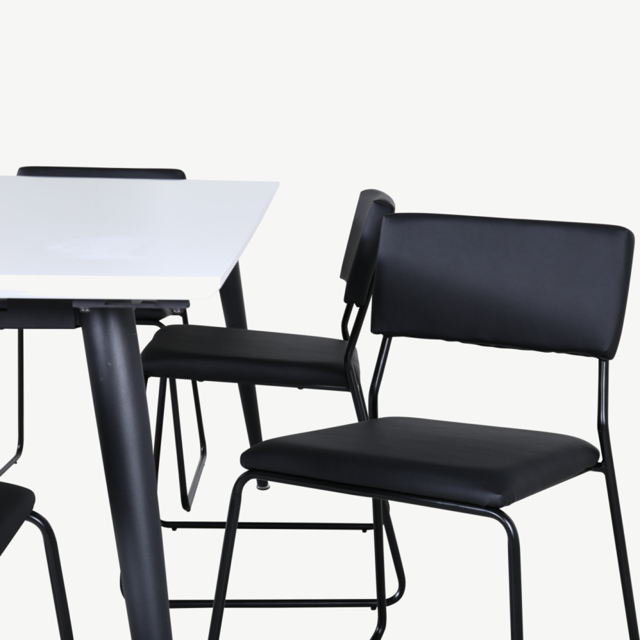 Pikendatav söögilaud Jimmy valge HPL-plaadiga ja 6 musta Kenth kunstnahast tooli, GR22295 – 4