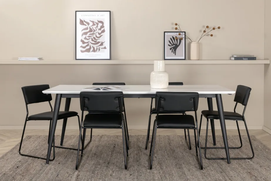 Pikendatav söögilaud Jimmy valge HPL-plaadiga ja 6 musta Kenth kunstnahast tooli, GR22295 – 5