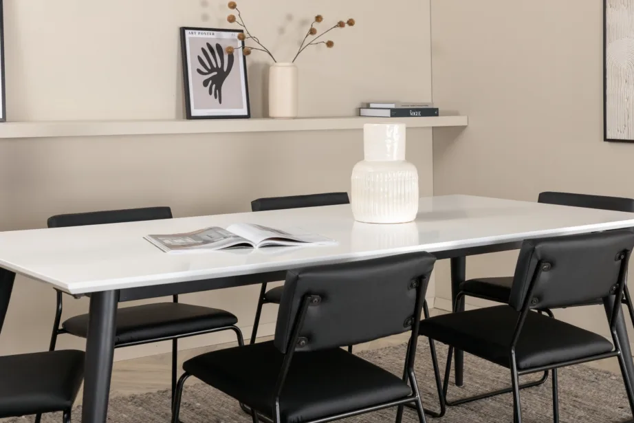 Pikendatav söögilaud Jimmy valge HPL-plaadiga ja 6 musta Kenth kunstnahast tooli, GR22295 – 7