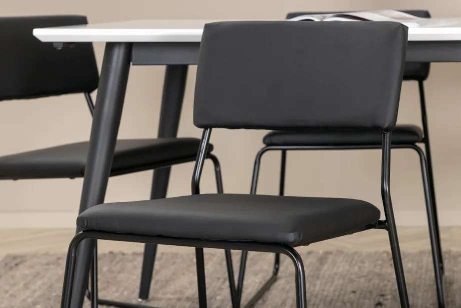 Pikendatav söögilaud Jimmy valge HPL-plaadiga ja 6 musta Kenth kunstnahast tooli, GR22295 – 9