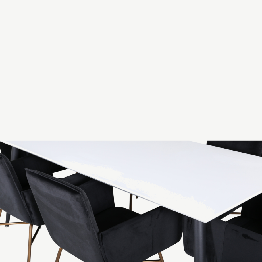 Pikendatav söögilaud Jimmy valge HPL, 6 musta sametist Petra tooli (vasksed jalad), GR22298 – 3