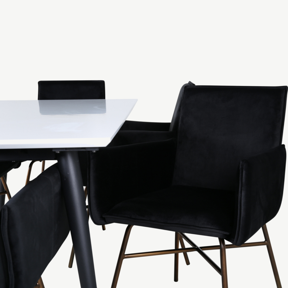 Pikendatav söögilaud Jimmy valge HPL, 6 musta sametist Petra tooli (vasksed jalad), GR22298 – 4