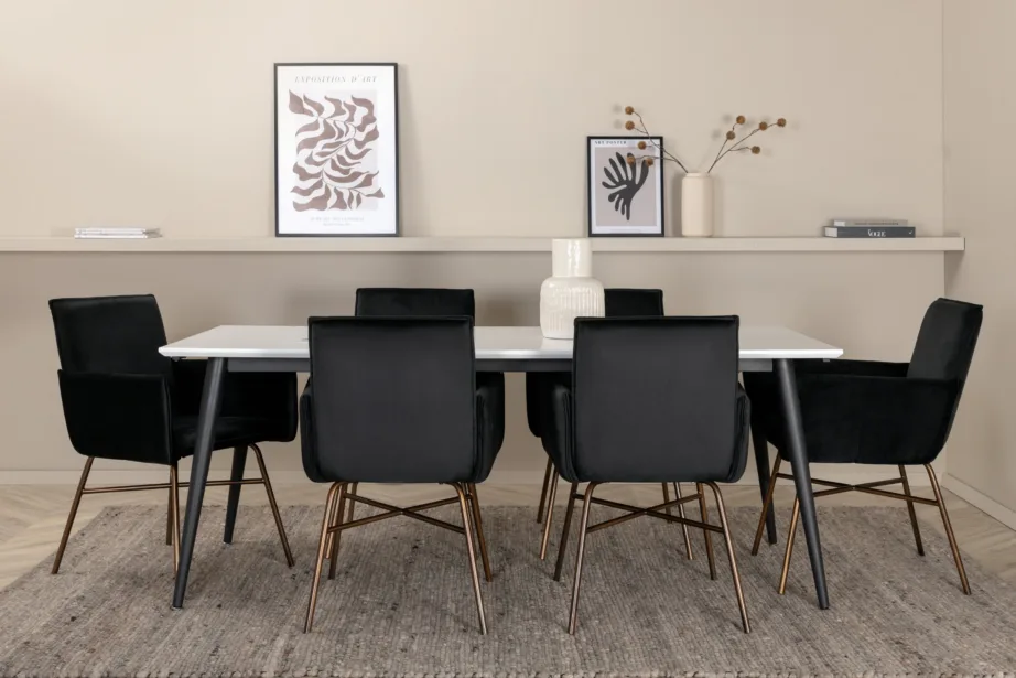 Pikendatav söögilaud Jimmy valge HPL, 6 musta sametist Petra tooli (vasksed jalad), GR22298 – 5