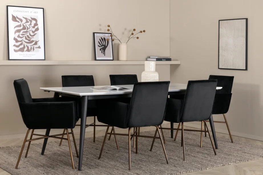 Pikendatav söögilaud Jimmy valge HPL, 6 musta sametist Petra tooli (vasksed jalad), GR22298 – 6