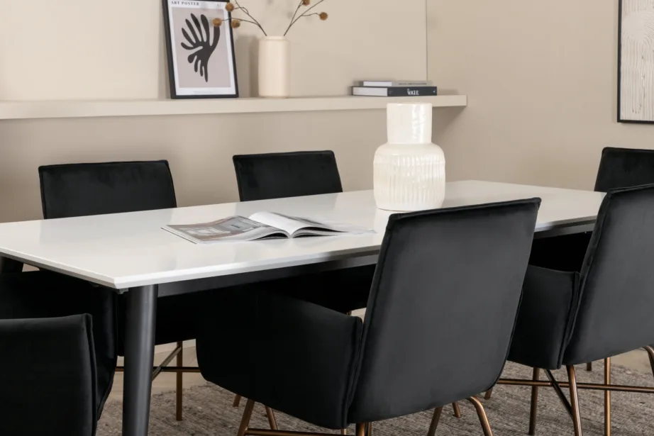 Pikendatav söögilaud Jimmy valge HPL, 6 musta sametist Petra tooli (vasksed jalad), GR22298 – 7