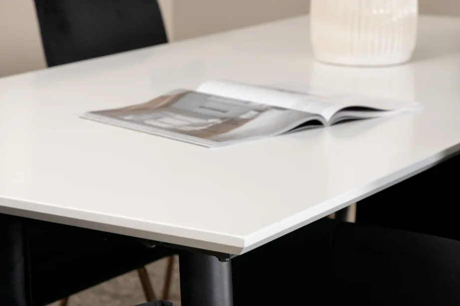 Pikendatav söögilaud Jimmy valge HPL, 6 musta sametist Petra tooli (vasksed jalad), GR22298 – 8