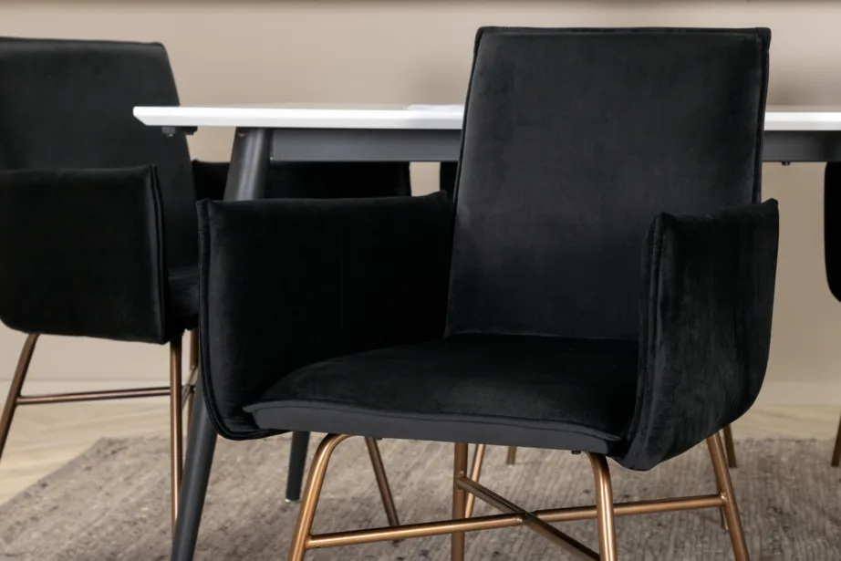 Pikendatav söögilaud Jimmy valge HPL, 6 musta sametist Petra tooli (vasksed jalad), GR22298 – 9