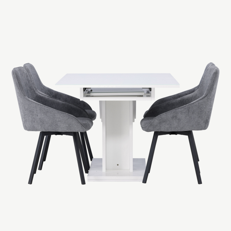 Pikendatav söögilaud Pluto ja hallid polsterdatud toolid Rosie (4 tk), valge klaasiga viimistlus, GR23605 – 3