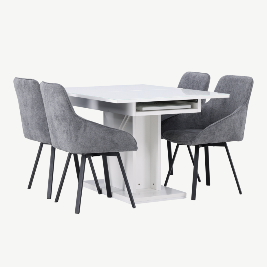 Pikendatav söögilaud Pluto ja hallid polsterdatud toolid Rosie (4 tk), valge klaasiga viimistlus, GR23605 – 4