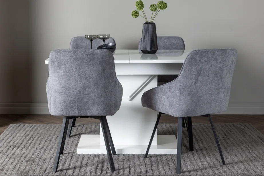 Pikendatav söögilaud Pluto ja hallid polsterdatud toolid Rosie (4 tk), valge klaasiga viimistlus, GR23605 – 5