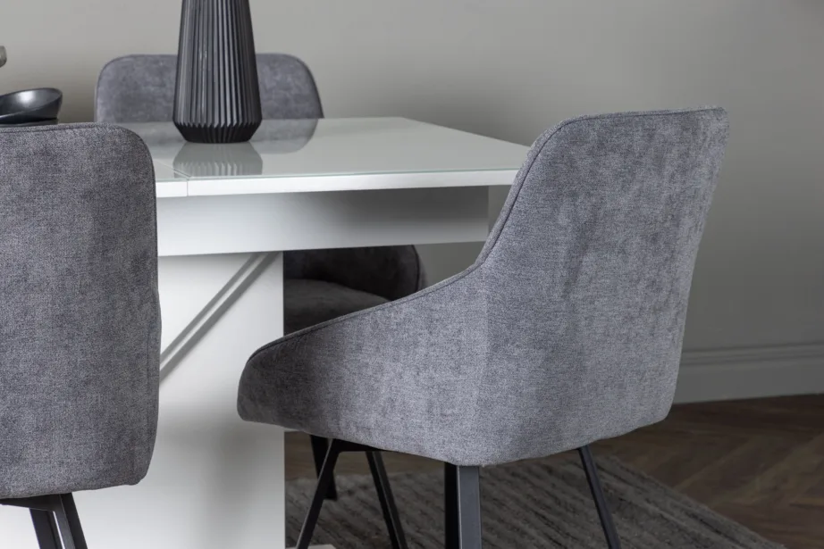 Pikendatav söögilaud Pluto ja hallid polsterdatud toolid Rosie (4 tk), valge klaasiga viimistlus, GR23605 – 6