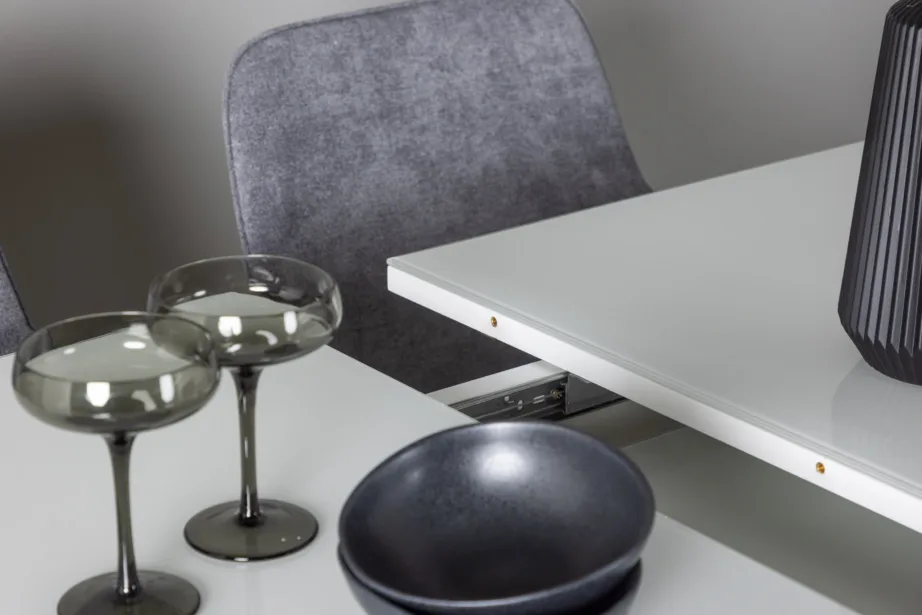 Pikendatav söögilaud Pluto ja hallid polsterdatud toolid Rosie (4 tk), valge klaasiga viimistlus, GR23605 – 8