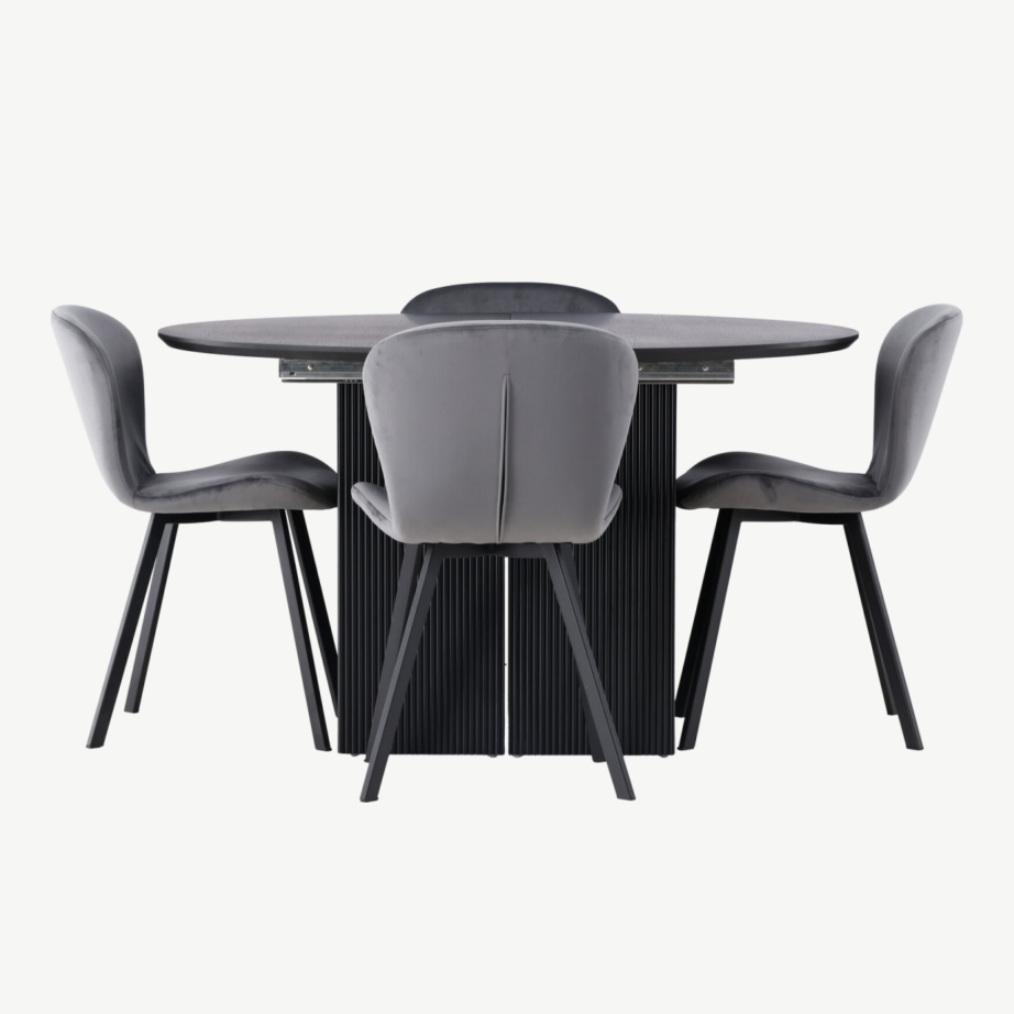 Pikendatav ümmargune söögilaud Matilda ja Lilja toolid, must/hall (4 tooli), GR23542 – 2