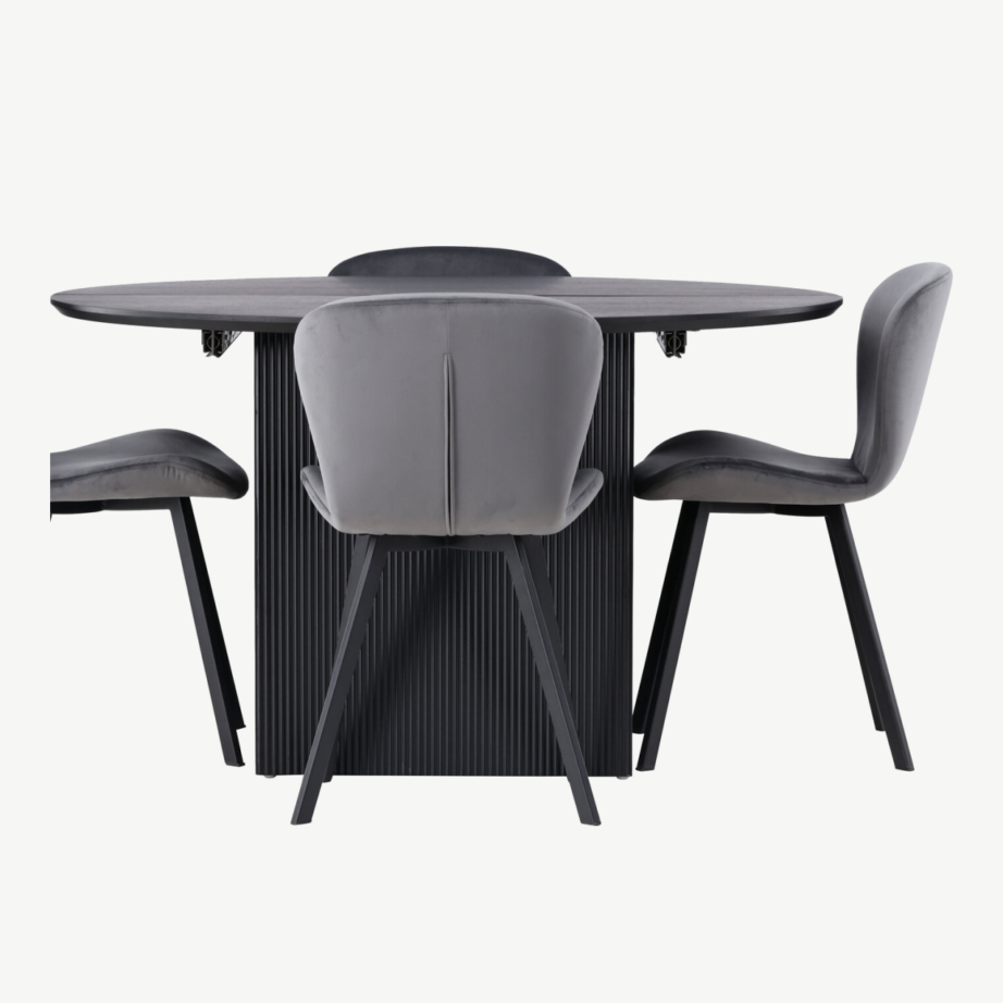 Pikendatav ümmargune söögilaud Matilda ja Lilja toolid, must/hall (4 tooli), GR23542 – 3