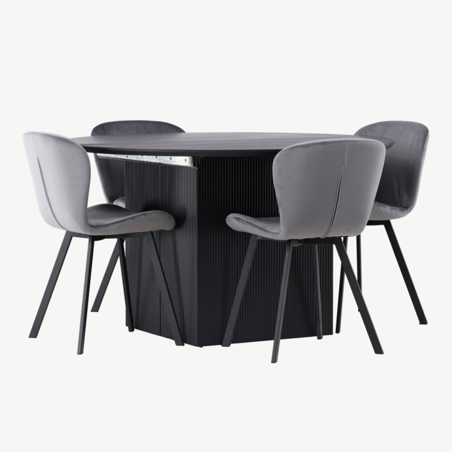 Pikendatav ümmargune söögilaud Matilda ja Lilja toolid, must/hall (4 tooli), GR23542 – 4