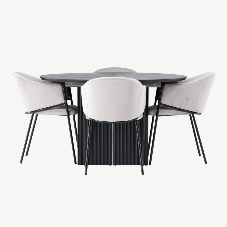 Pikendatav ümmargune söögilaud Matilda ja helehalli velvetkattega metallraamil toolid Evelina, GR23541 – 2