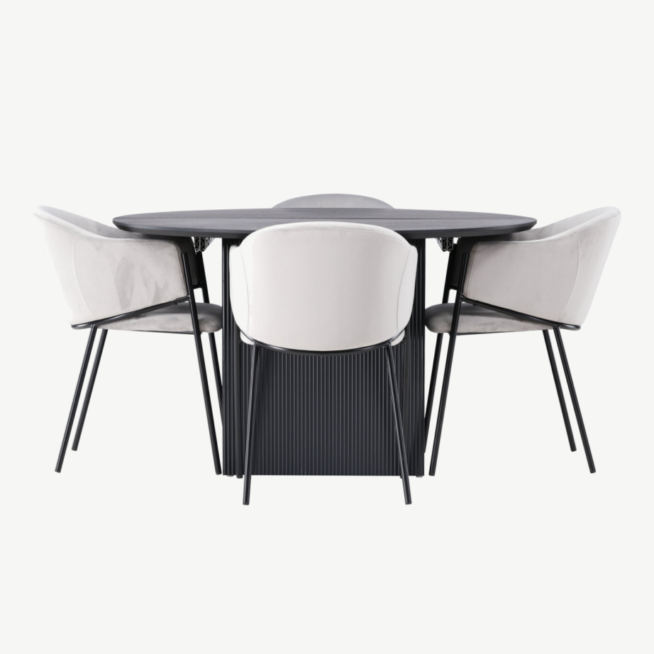 Pikendatav ümmargune söögilaud Matilda ja helehalli velvetkattega metallraamil toolid Evelina, GR23541 – 3