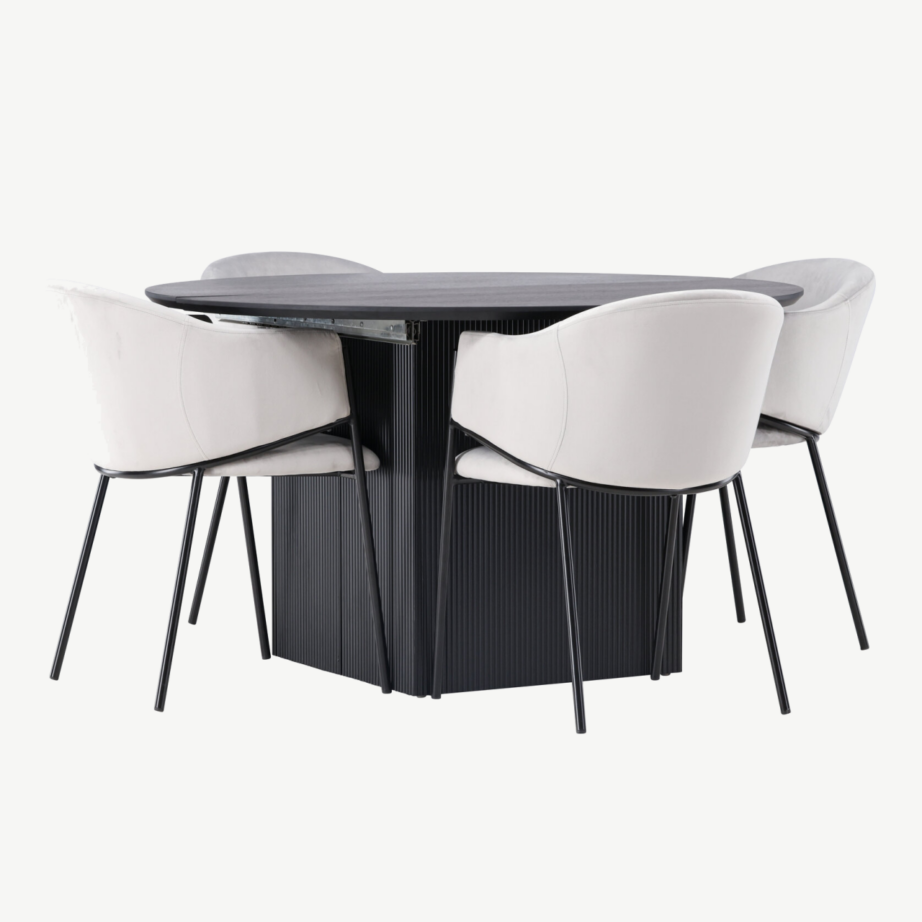 Pikendatav ümmargune söögilaud Matilda ja helehalli velvetkattega metallraamil toolid Evelina, GR23541 – 4