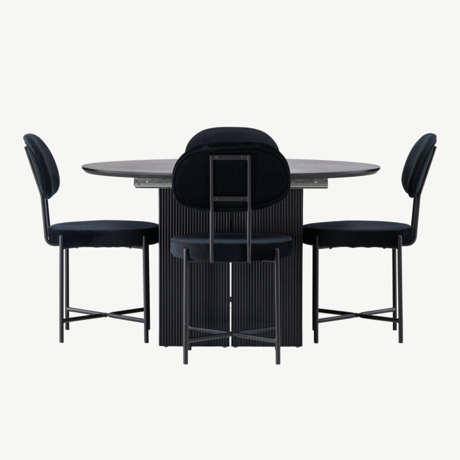 Pikendatav ümmargune söögilaud Matilda ja mustad velvetkattega toolid Stella (4 tk), GR23538 – 2