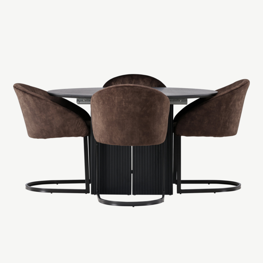 Pikendatav ümmargune söögilaud Matilda ja pruunid polsterdatud toolid Evening (must MDF, terasraam), GR23545 – 2