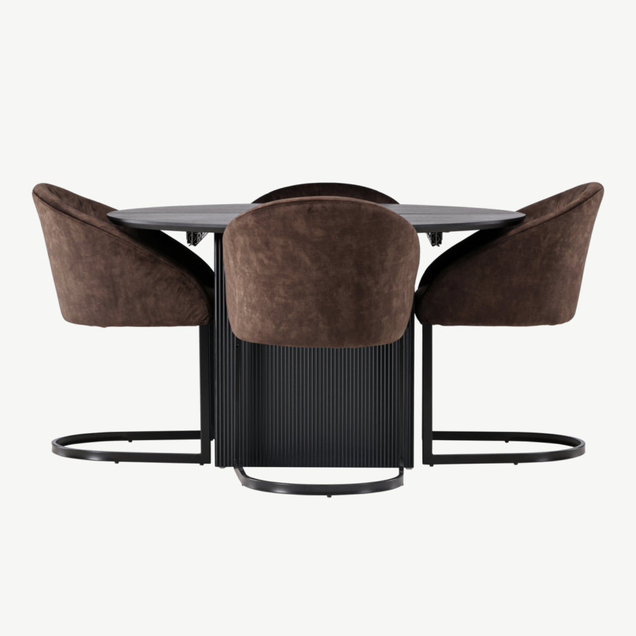 Pikendatav ümmargune söögilaud Matilda ja pruunid polsterdatud toolid Evening (must MDF, terasraam), GR23545 – 3