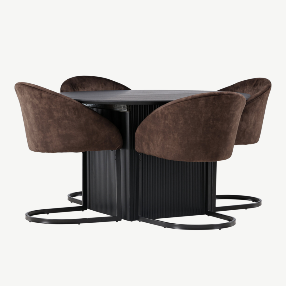 Pikendatav ümmargune söögilaud Matilda ja pruunid polsterdatud toolid Evening (must MDF, terasraam), GR23545 – 4