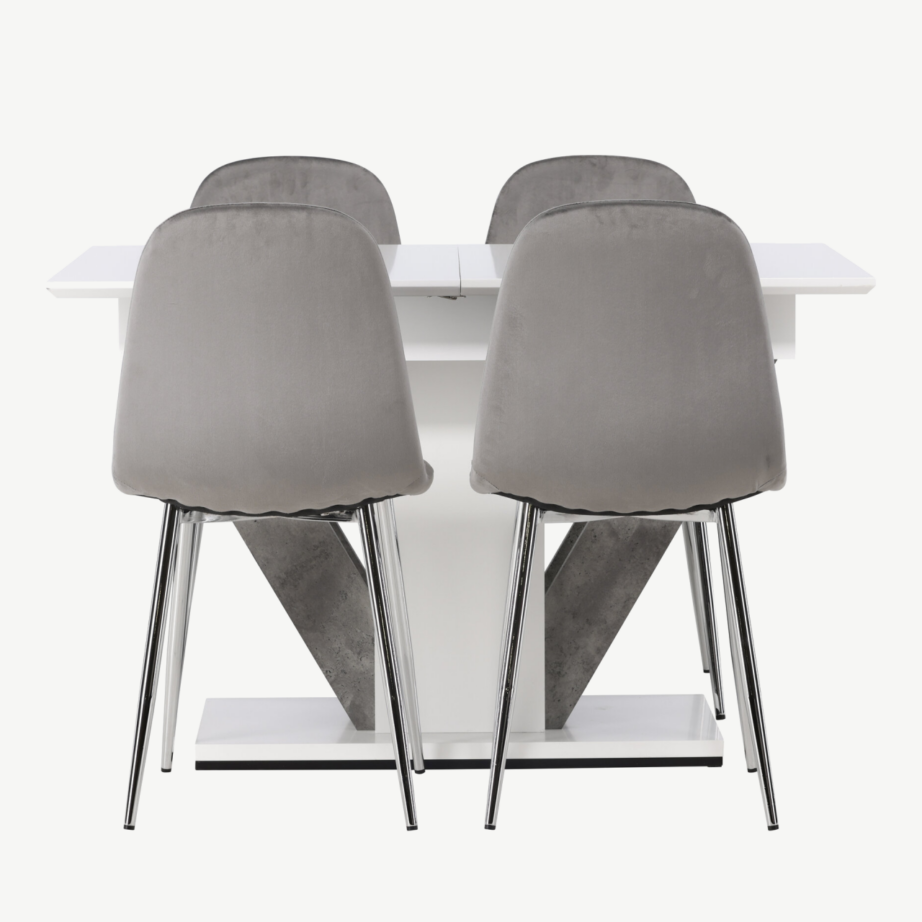 Pikendatav valge MDF söögilaud Disa ja helehallid velvetkangaga toolid Eva, GR23587 – 2