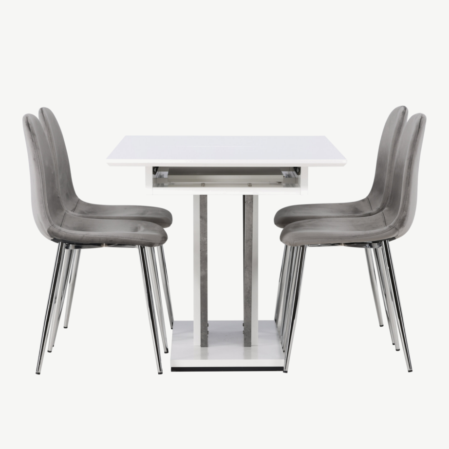 Pikendatav valge MDF söögilaud Disa ja helehallid velvetkangaga toolid Eva, GR23587 – 3