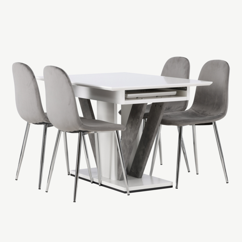 Pikendatav valge MDF söögilaud Disa ja helehallid velvetkangaga toolid Eva, GR23587 – 4
