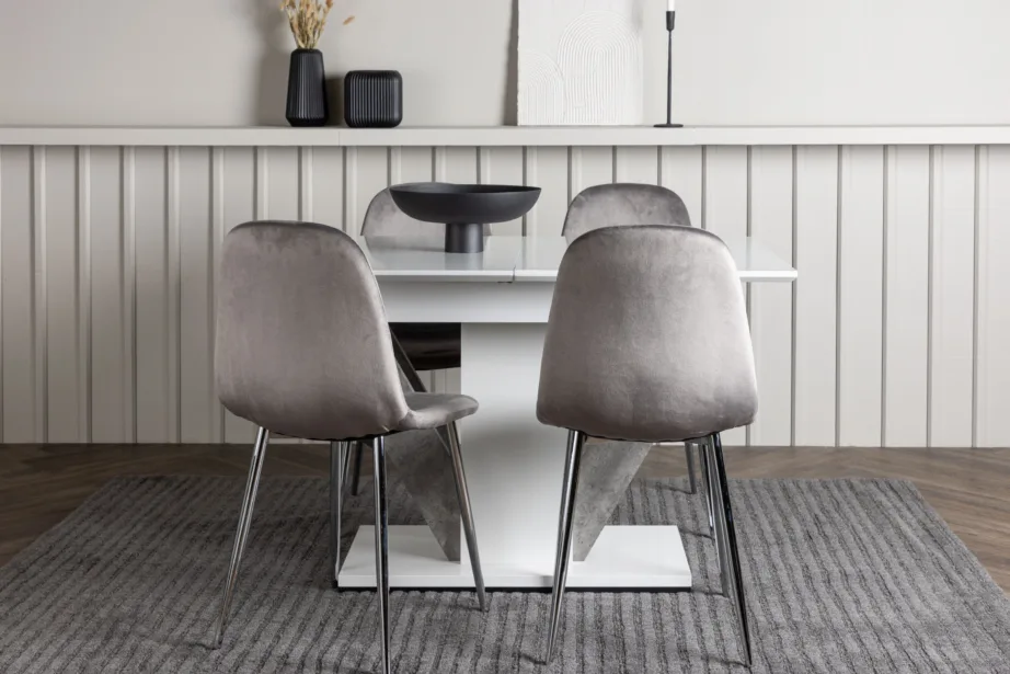 Pikendatav valge MDF söögilaud Disa ja helehallid velvetkangaga toolid Eva, GR23587 – 5