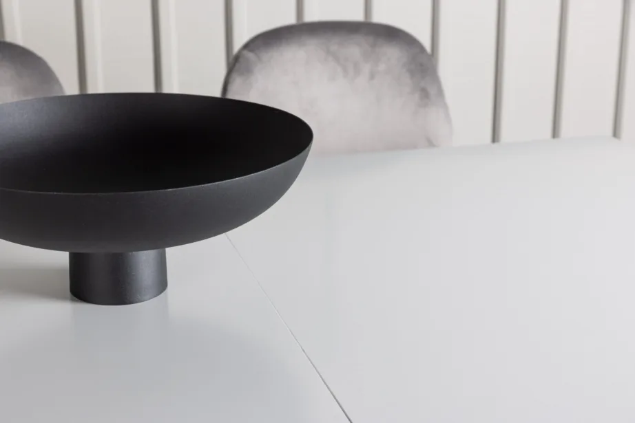 Pikendatav valge MDF söögilaud Disa ja helehallid velvetkangaga toolid Eva, GR23587 – 8