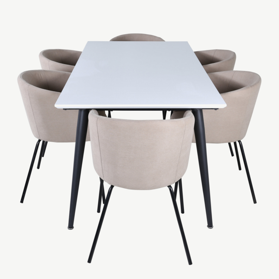 Pikendatav valge lauaga söögikomplekt Jimmy ja 6 beeži kangaga tooli, GR22290 – 2